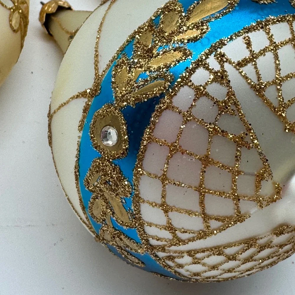 Vintage Glass Christmas Ornaments Lot 4 Cream Gold Lattice Teardrop Torpedo 6